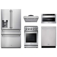 Thor Kitchen 5-Piece Appliance Package - 24-Inch Electric Range, Refrigerator with Water Dispenser, Under Cabinet Hood, Dishwasher, & Microwave Drawer in Stainless Steel