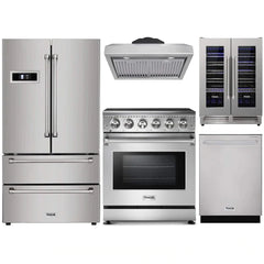 Thor Kitchen 5-Piece Appliance Package - 30" Electric Range, French Door Refrigerator, Under Cabinet Hood, Dishwasher, & Wine Cooler in Stainless Steel