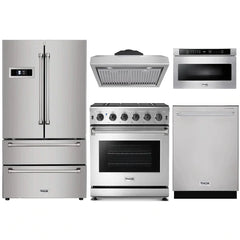 Thor Kitchen 5-Piece Appliance Package - 30" Gas Range, French Door Refrigerator, Under Cabinet Hood, Dishwasher, and Microwave Drawer in Stainless Steel