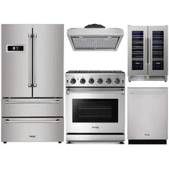 Thor Kitchen 5-Piece Appliance Package - 30" Gas Range, French Door Refrigerator, Under Cabinet Hood, Dishwasher, and Wine Cooler in Stainless Steel