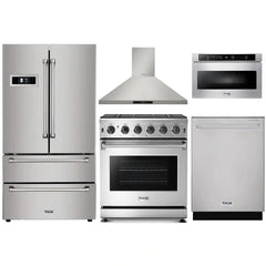 Thor Kitchen 5-Piece Appliance Package - 30" Gas Range, French Door Refrigerator, Wall Mount Hood, Dishwasher, and Microwave Drawer in Stainless Steel