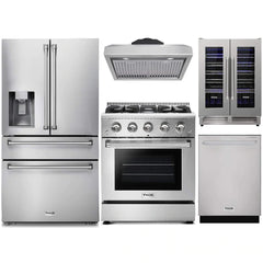 Thor Kitchen 5-Piece Appliance Package - 30-Inch Gas Range, Refrigerator with Water Dispenser, Under Cabinet Hood, Dishwasher, & Wine Cooler in Stainless Steel