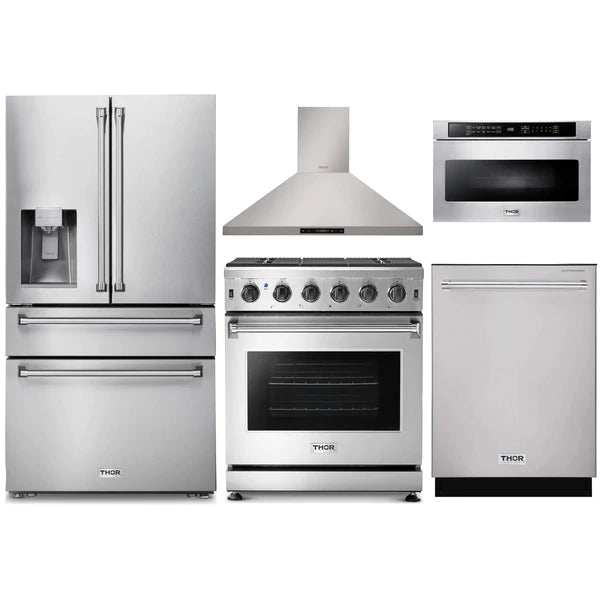 Thor Kitchen 5-Piece Appliance Package - 30-Inch Gas Range, Refrigerator with Water Dispenser, Wall Mount Hood, Dishwasher, & Microwave Drawer in Stainless Steel