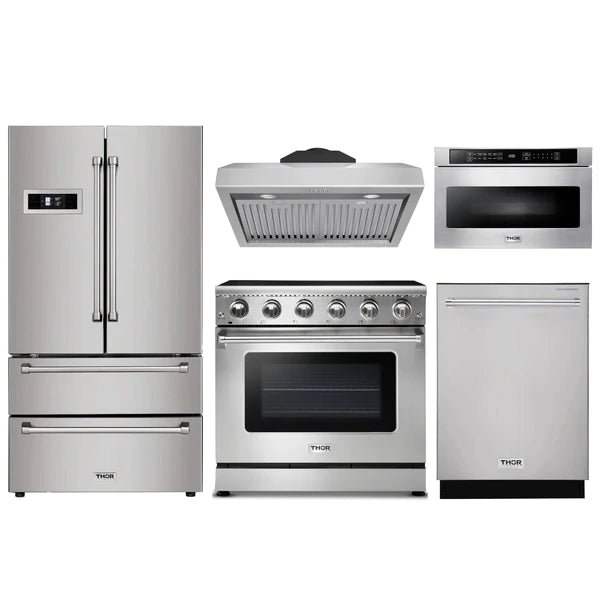 Thor Kitchen 5-Piece Appliance Package - 36" Electric Range, French Door Refrigerator, Under Cabinet Hood, Dishwasher, and Microwave Drawer in Stainless Steel