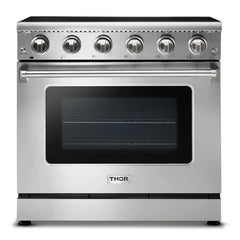 Thor Kitchen 5-Piece Appliance Package - 36" Electric Range, French Door Refrigerator, Wall Mount Hood, Dishwasher, and Microwave Drawer in Stainless Steel