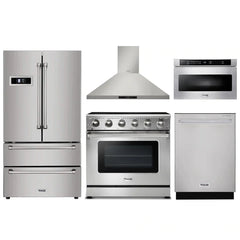 Thor Kitchen 5-Piece Appliance Package - 36" Electric Range, French Door Refrigerator, Wall Mount Hood, Dishwasher, and Microwave Drawer in Stainless Steel
