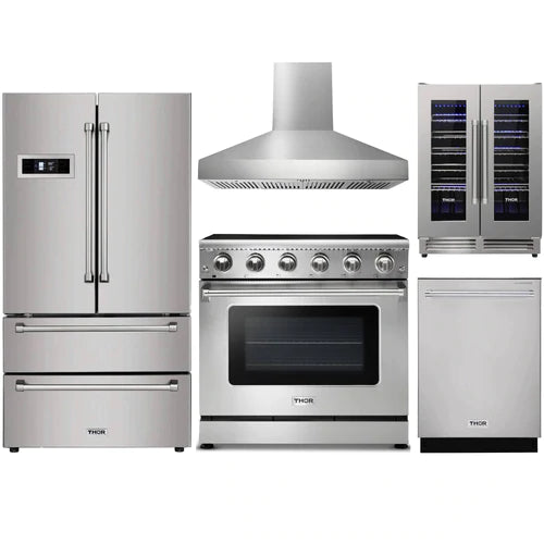 Thor Kitchen 5-Piece Appliance Package - 36" Electric Range, French Door Refrigerator, Wall Mount Hood, Dishwasher, & Wine Cooler in Stainless Steel