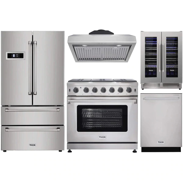 Thor Kitchen 5-Piece Appliance Package - 36" Gas Range, French Door Refrigerator, Under Cabinet Hood, Dishwasher, and Wine Cooler in Stainless Steel