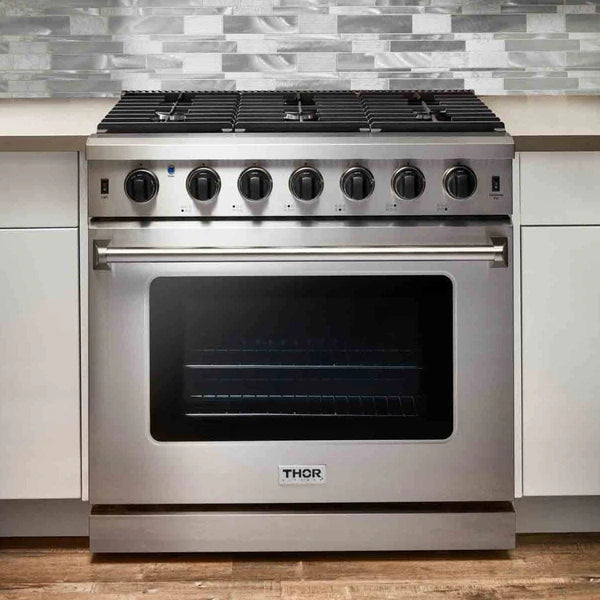 Thor Kitchen 5-Piece Appliance Package - 36" Gas Range, French Door Refrigerator, Under Cabinet Hood, Dishwasher, and Wine Cooler in Stainless Steel