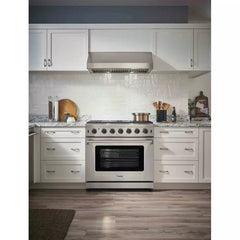 Thor Kitchen 5-Piece Appliance Package - 36" Gas Range, French Door Refrigerator, Under Cabinet Hood, Dishwasher, and Wine Cooler in Stainless Steel