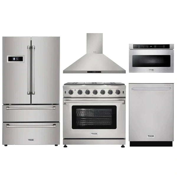 Thor Kitchen 5-Piece Appliance Package - 36" Gas Range, French Door Refrigerator, Wall Mount Hood, Dishwasher, and Microwave Drawer in Stainless Steel