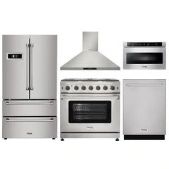 Thor Kitchen 5-Piece Appliance Package - 36" Gas Range, French Door Refrigerator, Wall Mount Hood, Dishwasher, and Microwave Drawer in Stainless Steel