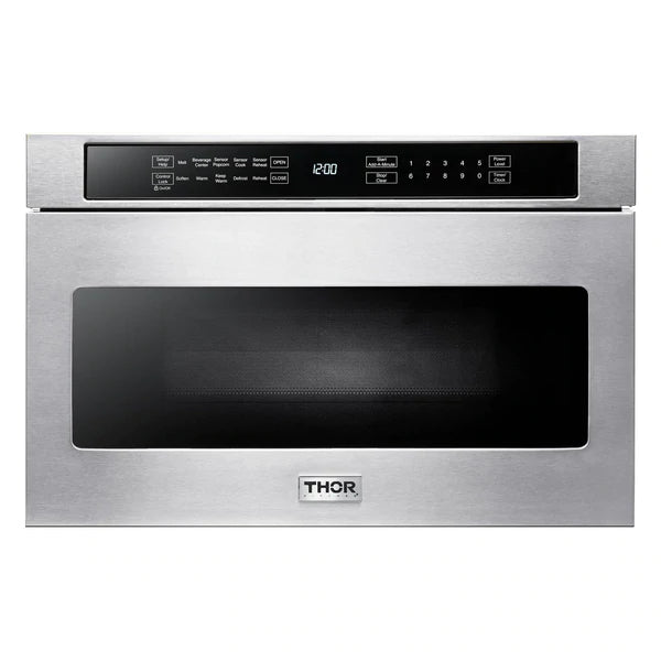 Thor Kitchen 5-Piece Appliance Package - 36" Gas Range, French Door Refrigerator, Wall Mount Hood, Dishwasher, and Microwave Drawer in Stainless Steel