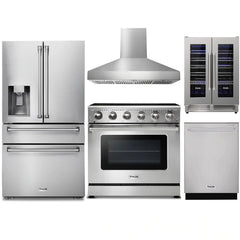 Thor Kitchen 5-Piece Appliance Package - 36-Inch Electric Range, Refrigerator with Water Dispenser, Wall Mount Hood, Dishwasher, & Wine Cooler in Stainless Steel