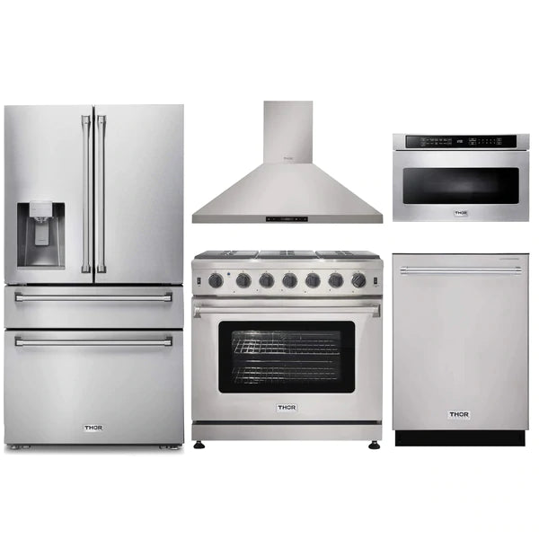 Thor Kitchen 5-Piece Appliance Package - 36-Inch Gas Range, Refrigerator with Water Dispenser, Wall Mount Hood, Dishwasher, & Microwave Drawer in Stainless Steel