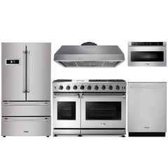Thor Kitchen 5-Piece Appliance Package - 48" Gas Range, French Door Refrigerator, Under-cabinet Hood, Dishwasher, and Microwave Drawer in Stainless Steel