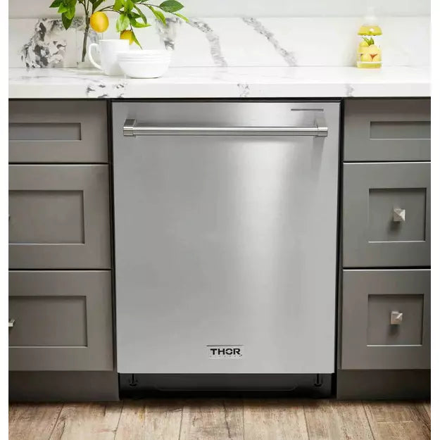 Thor Kitchen 5-Piece Appliance Package - 48" Gas Range, French Door Refrigerator, Under-cabinet Hood, Dishwasher, and Microwave Drawer in Stainless Steel
