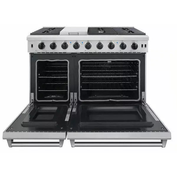 Thor Kitchen 5-Piece Appliance Package - 48" Gas Range, French Door Refrigerator, Under-cabinet Hood, Dishwasher, and Microwave Drawer in Stainless Steel
