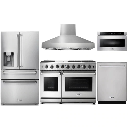 Thor Kitchen 5-Piece Appliance Package - 48-Inch Gas Range, Refrigerator with Water Dispenser, Pro Wall Mount Hood, Dishwasher, & Microwave Drawer in Stainless Steel