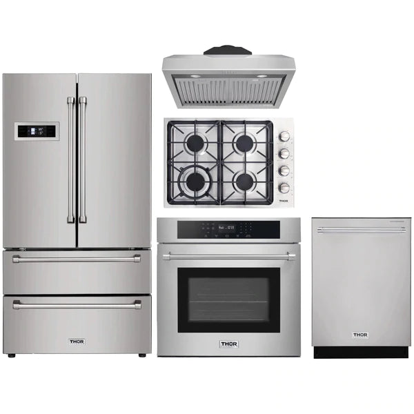 Thor Kitchen 5-Piece Pro Appliance Package - 30" Cooktop, Wall Oven, Under Cabinet Hood, Dishwasher & Refrigerator in Stainless Steel