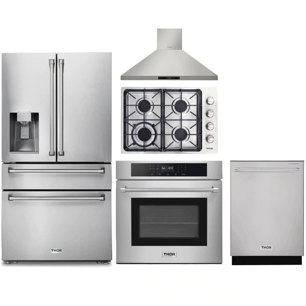Thor Kitchen 5-Piece Pro Appliance Package - 30" Cooktop, Wall Oven, Wall Mount Hood, Dishwasher & Refrigerator with Water Dispenser in Stainless Steel