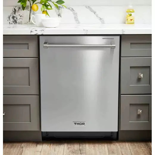 Thor Kitchen 5-Piece Pro Appliance Package - 30" Dual Fuel Range, French Door Refrigerator, Under Cabinet Hood, Dishwasher, and Microwave Drawer in Stainless Steel