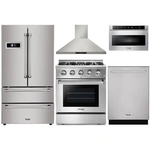 Thor Kitchen 5-Piece Pro Appliance Package - 30" Dual Fuel Range, French Door Refrigerator, Wall Mount Hood, Dishwasher, and Microwave Drawer in Stainless Steel