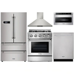 Thor Kitchen 5-Piece Pro Appliance Package - 30" Dual Fuel Range, French Door Refrigerator, Wall Mount Hood, Dishwasher, and Microwave Drawer in Stainless Steel