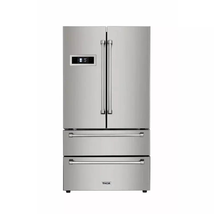 Thor Kitchen 5-Piece Pro Appliance Package - 30" Dual Fuel Range, French Door Refrigerator, Wall Mount Hood, Dishwasher, and Microwave Drawer in Stainless Steel