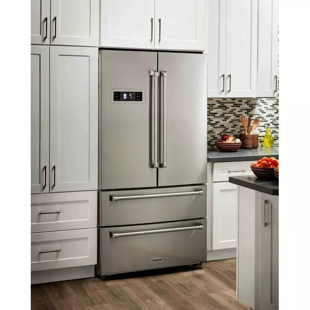 Thor Kitchen 5-Piece Pro Appliance Package - 30" Dual Fuel Range, French Door Refrigerator, Wall Mount Hood, Dishwasher, and Wine Cooler in Stainless Steel