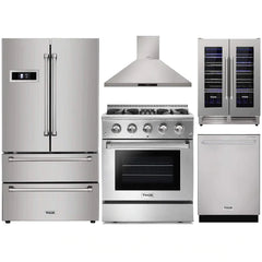 Thor Kitchen 5-Piece Pro Appliance Package - 30" Dual Fuel Range, French Door Refrigerator, Wall Mount Hood, Dishwasher, and Wine Cooler in Stainless Steel