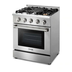 Thor Kitchen 5-Piece Pro Appliance Package - 30-Inch Gas Range, Refrigerator with Water Dispenser, Under Cabinet Hood, Dishwasher, & Wine Cooler in Stainless Steel
