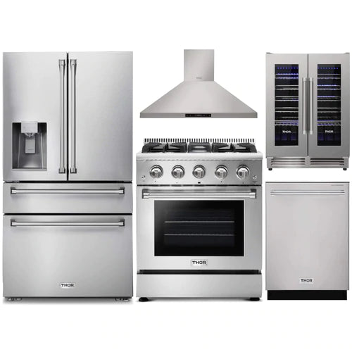 Thor Kitchen 5-Piece Pro Appliance Package - 30-Inch Gas Range, Refrigerator with Water Dispenser, Wall Mount Hood, Dishwasher, & Wine Cooler in Stainless Steel