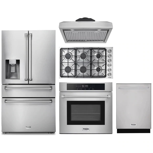 Thor Kitchen 5-Piece Pro Appliance Package - 36" Cooktop, Wall Oven, Under Cabinet Hood, Dishwasher & Refrigerator with Water Dispenser in Stainless Steel