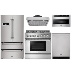 Thor Kitchen 5-Piece Pro Appliance Package - 36" Dual Fuel Range, French Door Refrigerator, Under Cabinet Hood, Dishwasher, and Microwave Drawer in Stainless Steel
