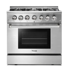 Thor Kitchen 5-Piece Pro Appliance Package - 36" Dual Fuel Range, French Door Refrigerator, Under Cabinet Hood, Dishwasher, and Wine Cooler in Stainless Steel