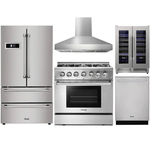 Thor Kitchen 5-Piece Pro Appliance Package - 36" Dual Fuel Range, French Door Refrigerator, Wall Mount Hood, Dishwasher, and Wine Cooler in Stainless Steel