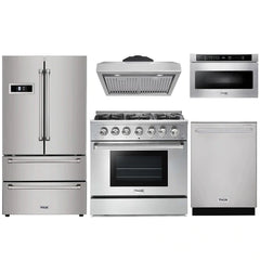 Thor Kitchen 5-Piece Pro Appliance Package - 36" Gas Range, French Door Refrigerator, Under Cabinet Hood, Dishwasher, and Microwave Drawer in Stainless Steel