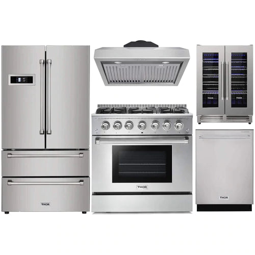 Thor Kitchen 5-Piece Pro Appliance Package - 36" Gas Range, French Door Refrigerator, Under Cabinet Hood, Dishwasher, and Wine Cooler in Stainless Steel