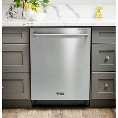 Thor Kitchen 5-Piece Pro Appliance Package - 36" Gas Range, French Door Refrigerator, Wall Mount Hood, Dishwasher, and Wine Cooler in Stainless Steel