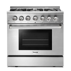 Thor Kitchen 5-Piece Pro Appliance Package - 36-Inch Dual Fuel Range, Refrigerator with Water Dispenser, Under Cabinet Hood, Dishwasher, & Wine Cooler in Stainless Steel
