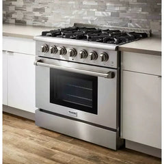 Thor Kitchen 5-Piece Pro Appliance Package - 36-Inch Gas Range, Refrigerator with Water Dispenser, Under Cabinet Hood, Dishwasher, & Microwave Drawer in Stainless Steel