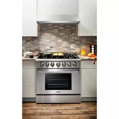 Thor Kitchen 5-Piece Pro Appliance Package - 36-Inch Gas Range, Refrigerator with Water Dispenser, Under Cabinet Hood, Dishwasher, & Microwave Drawer in Stainless Steel