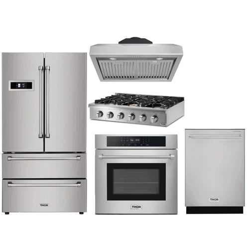 Thor Kitchen 5-Piece Pro Appliance Package - 36" Rangetop, Wall Oven, Under Cabinet Hood, Dishwasher & Refrigerator in Stainless Steel