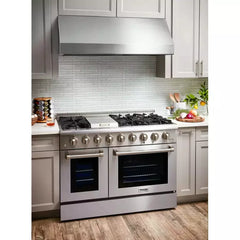 Thor Kitchen 5-Piece Pro Appliance Package - 48" Dual Fuel Range, Under Cabinet Hood, French Door Refrigerator, Dishwasher, and Wine Cooler in Stainless Steel