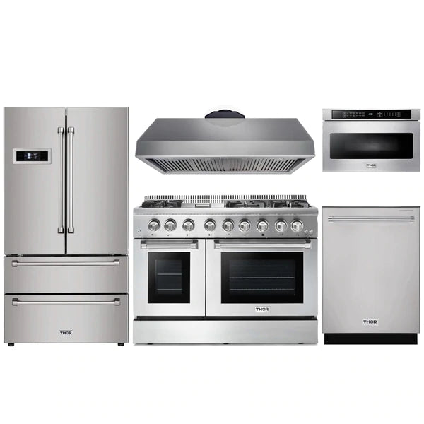 Thor Kitchen 5-Piece Pro Appliance Package - 48" Dual Fuel Range, French Door Refrigerator, Dishwasher, Under Cabinet Hood, and Microwave Drawer in Stainless Steel