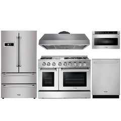 Thor Kitchen 5-Piece Pro Appliance Package - 48" Dual Fuel Range, French Door Refrigerator, Dishwasher, Under Cabinet Hood, and Microwave Drawer in Stainless Steel