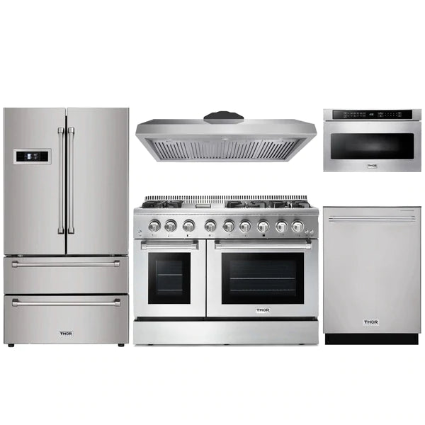 Thor Kitchen 5-Piece Pro Appliance Package - 48" Dual Fuel Range, French Door Refrigerator, Dishwasher, Under Cabinet Hood, and Microwave Drawer in Stainless Steel