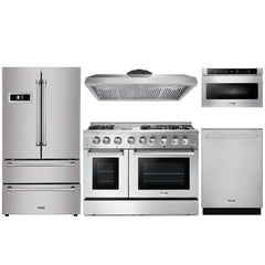 Thor Kitchen 5-Piece Pro Appliance Package - 48" Dual Fuel Range, French Door Refrigerator, Dishwasher, Under Cabinet Hood, and Microwave Drawer in Stainless Steel