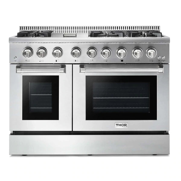 Thor Kitchen 5-Piece Pro Appliance Package - 48" Dual Fuel Range, French Door Refrigerator, Dishwasher, Under Cabinet Hood, and Microwave Drawer in Stainless Steel